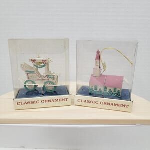 Vtg 1989 ENESCO Classic Ornament Die Cut Church Model T Desig Giftware Lot of 2